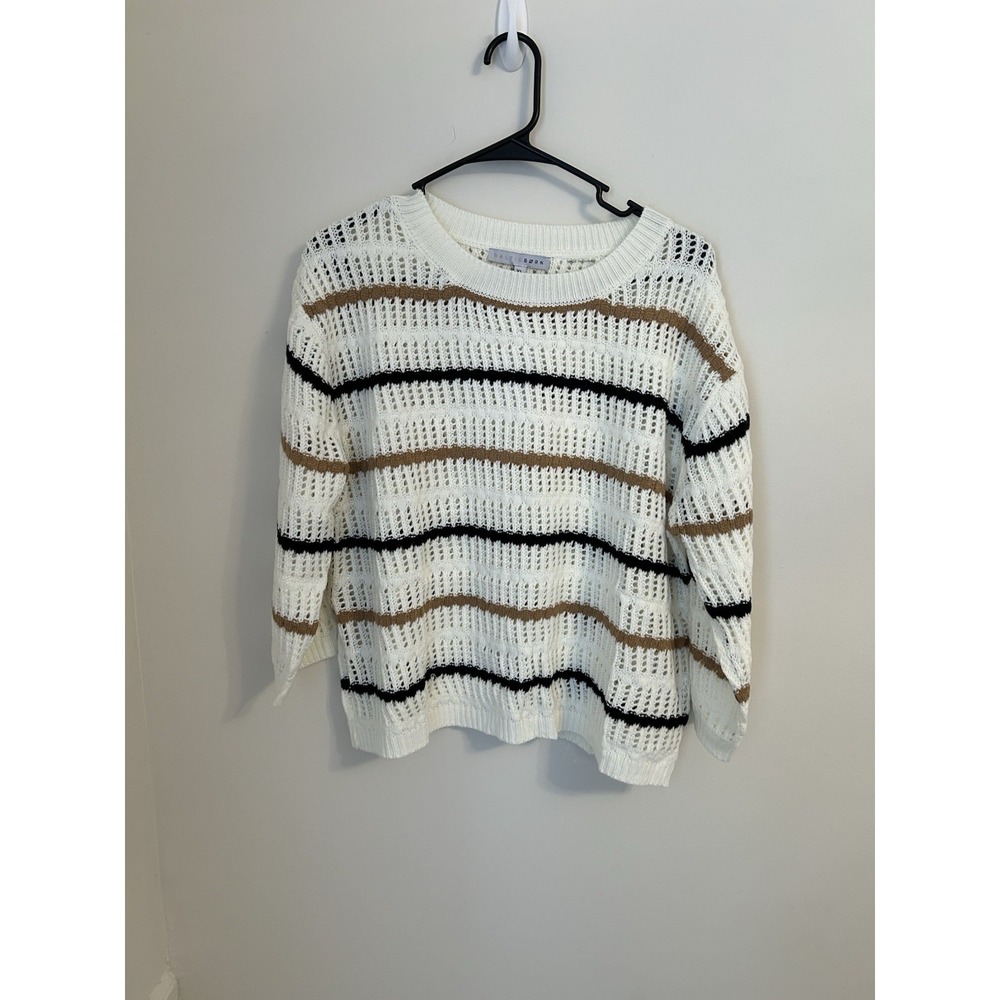 NWT Baltic Born XL Open Knit Sweater Ivory black‎ And Camel Stripes 3/4 Sleeve